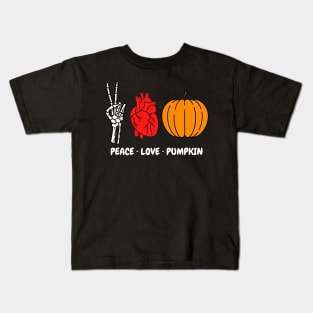 Peace Love Pumpkin Skeleton Hand Human Heart Organ Plump Pumpkin Halloween Lovers Peace Sign Red Heart Kids T-Shirt